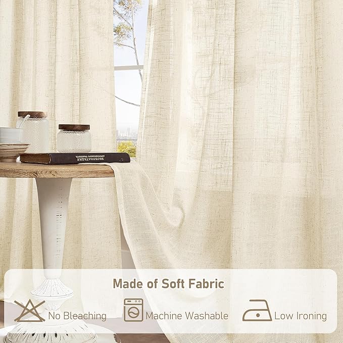 LAMIT Beige Linen Curtains for Living Room 2 Panels Set, 78 Inch Faux Linen Textured Light Filtering Drapes Back Tab and Rod Pocket Boho Panels for Farmhouse/Bedroom/Porch, 52 x 78 Inch