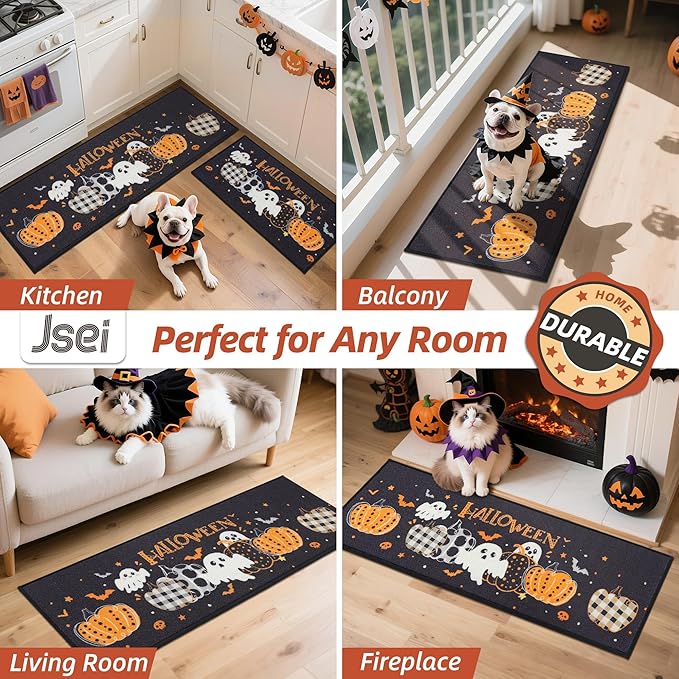 JSEI Halloween Holiday Kitchen Mats for Floor, Non-Slip Ghost and Pumpkins Decorative Kitchen Rugs Set of 2, Home Decor Low-Profile Kitchen Runner Rug Washable, 17"x30"+17"x48", Pumpkins Party Pattern