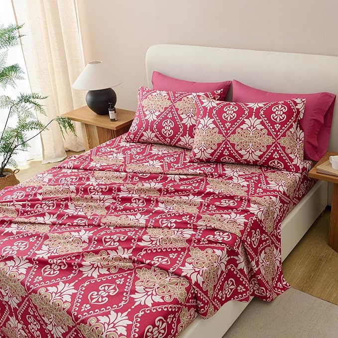 King Size Bed Sheets Set Deep Pockets - 6PC Floral Ultra Soft Microfiber Bed Sheets - Easy to Clean, 90 Thread Count Sheets with Fitted Sheet, Flat Sheet & Pillowcases (Burgundy Damask)
