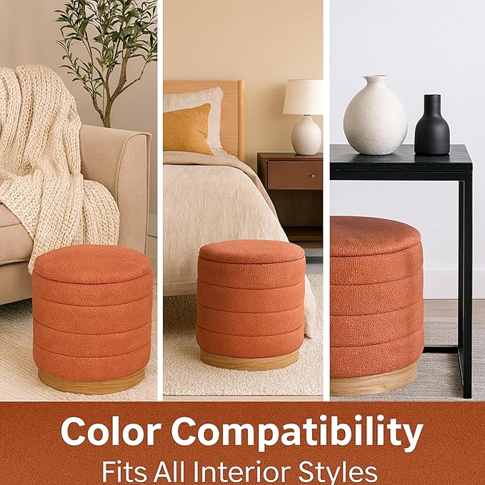 Round Ottoman with Storage โ Elegant Durable Linen Upholstered Footrest Bench for Living Room, Cylinder Vanity Stool โ Coral Orange