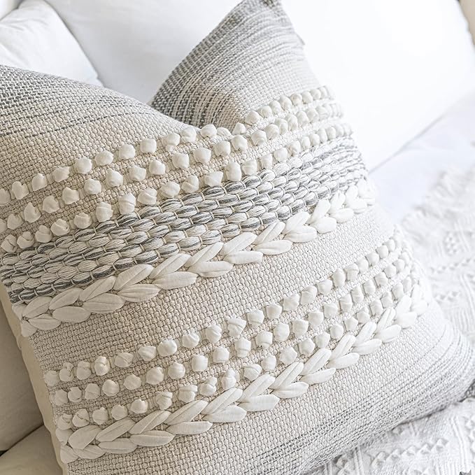 BlissBlush Gray Decorative Throw Pillow Cover 22X22, Boho Accent Pillow for Couch, Square Modern Farmhouse Pillowcase for Living Room Couch Sofa Cushion Home Décor (Pack of 1)