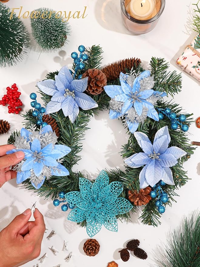 Floweroyal 30pcs Poinsettia Artificial Christmas Flowers Decorations with Clips and Berry Stems Glitter Ornaments for Christmas Tree Wreath Fireplace Stairs Decor (Blue-3 Styles)