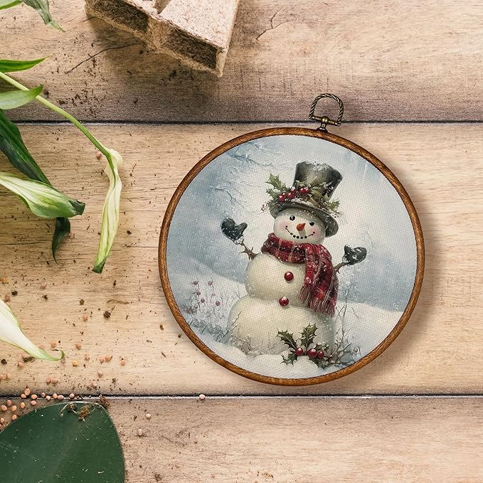 KSDUT Vintage Winter Wall Decor Art - Retro Snowman Snowy Wall Art Canvas Frame Hanging Prints, Christmas Holiday Landscape Round Wall Art Decor for Home Farmhouse Decorations 10"x10"