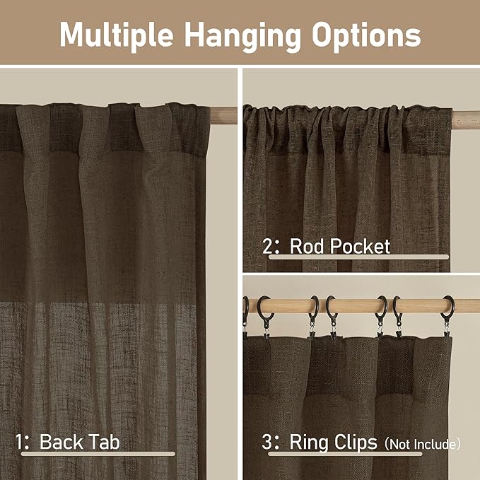 LAMIT Linen Curtains 45 Inch Length 2 Panels, Light Filtering Panels Back Tab and Rod Pocket Neutral Drapes for Kitchen/Window/Loft Room/Bedroom, 34 x 45 Inch Dark Brown