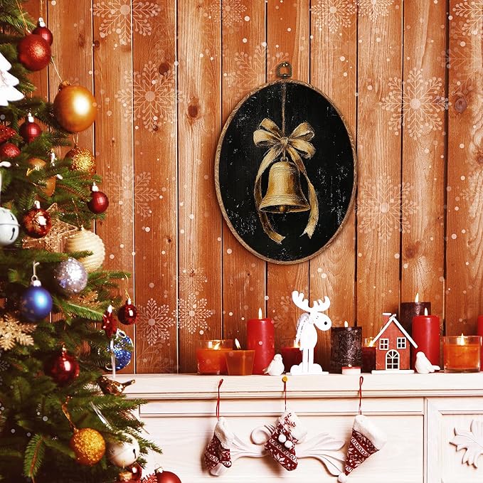 Hxlac Vintage Dark Christmas Gold Bell Oval Wall Art Framed, Moody Christmas Bell Oval Wall Decor, Cottagecore Xmas Hanging Canvas Prints Wall Sculptures for Home Living Room Decor, 8.5x11.5 Inch