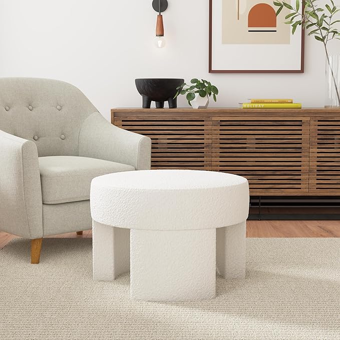 HomePop Sophia Modern Round Ottoman Home Décor|Ottoman for Living Room & Bedroom - White Cream Boucle
