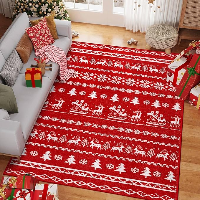 Christmas Area Rug 5x7 Red Kitchen Washable Carpet Xmas Snowflake Holiday Decor Indoor Throw Rug Living Room Soft Low Pile Carpet Non Slip Bedroom Dining Room Office Nursery Bathroom