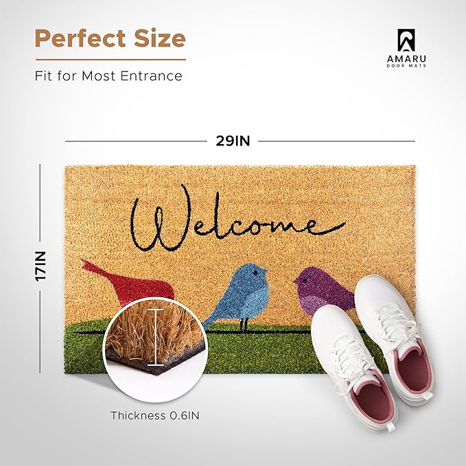 Colorful Birds - 17"x29" - Coir Door Mat with Heavy Duty Backing - Welcome Mats for Entryway, Porch - Anti-Slip PVC & Coconut Fiber Surface - Natural Home Accessories, Minimalist Original Design