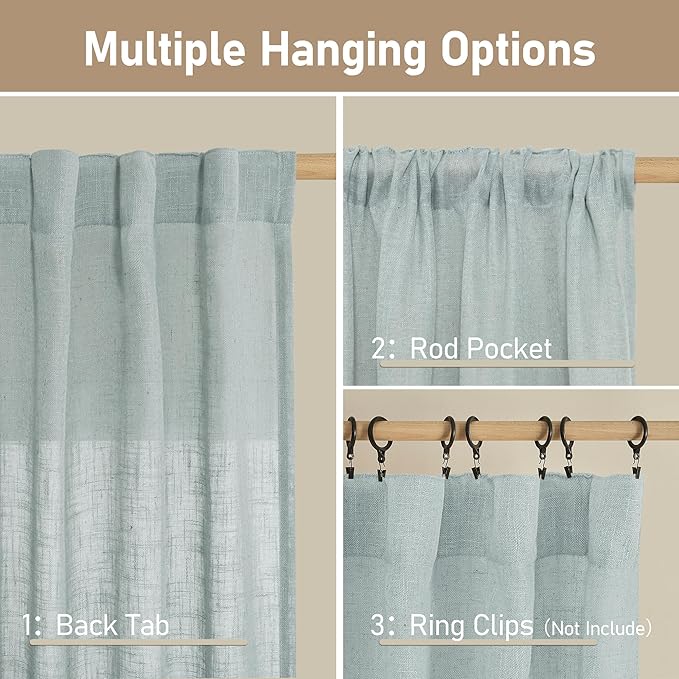 LAMIT Greyish Blue Linen Boho Curtains 84 inch Length 2 Panels, Light Filtering Semi Sheer Panels Back Tab and Rod Pocket Neutral Drapes for Bedroom/Living Room, 34 x 84 Inch