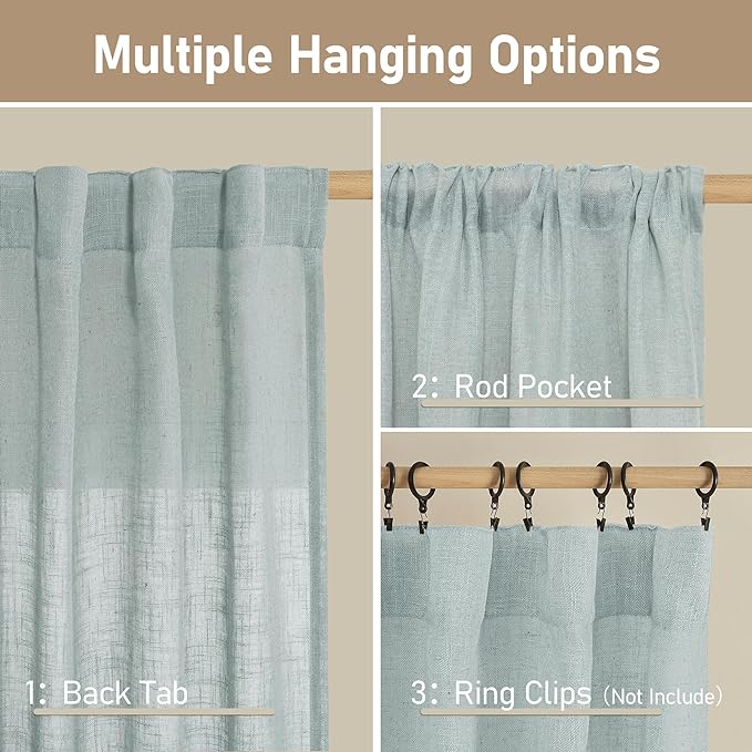 LAMIT Faux Linen Curtains 63 inches Long for Bedroom, Back Tab and Rod Pocket Linen Drapes Light Filtering Semi Sheer Curtains for Small Window/Farmhouse, 2 Panels (52 x 63 Inch, Greyish Blue)