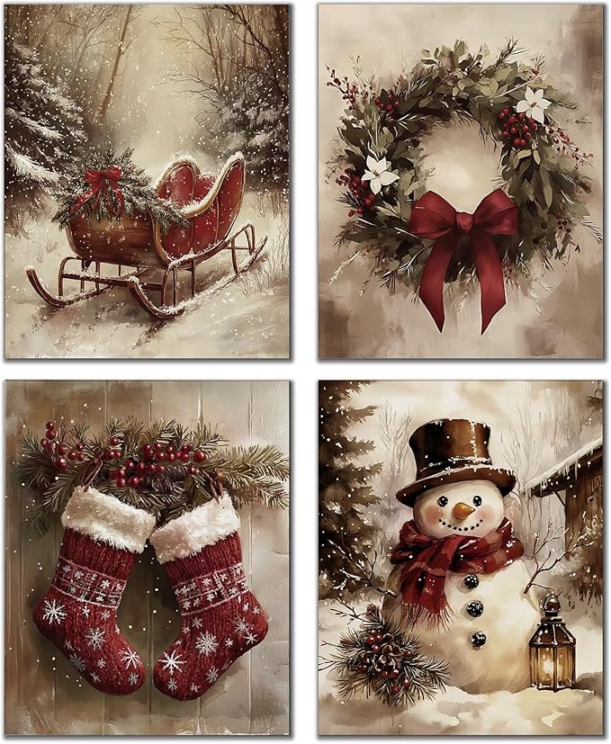 DOFQZ Vintage Christmas Wall Art Prints Set of 4, Rustic Red Christmas Decor, Farmhouse Holiday Winter Red Sleigh Stocking Wreath Snowman Posters for Home Living Room Bedroom Decor, 8x10 Unframed