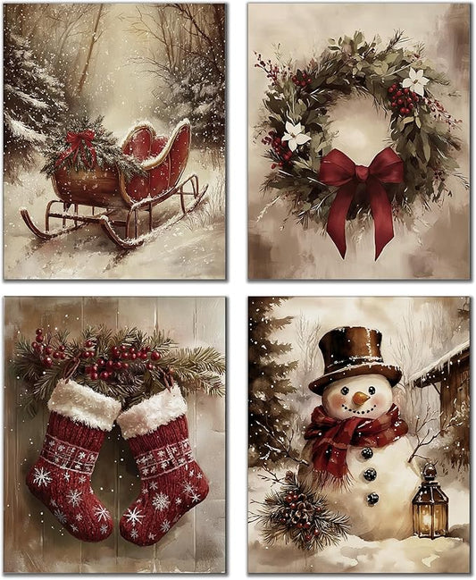 DOFQZ Vintage Christmas Wall Art Prints Set of 4, Rustic Red Christmas Decor, Farmhouse Holiday Winter Red Sleigh Stocking Wreath Snowman Posters for Home Living Room Bedroom Decor, 8x10 Unframed