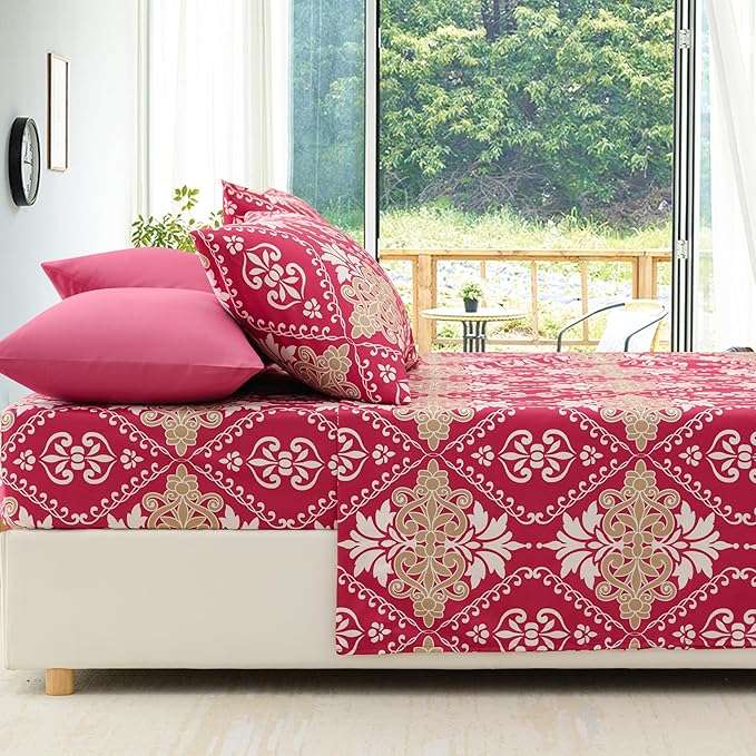 King Size Bed Sheets Set Deep Pockets - 6PC Floral Ultra Soft Microfiber Bed Sheets - Easy to Clean, 90 Thread Count Sheets with Fitted Sheet, Flat Sheet & Pillowcases (Burgundy Damask)