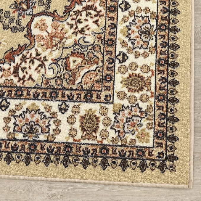 Antep Rugs Alfombras Oriental Traditional 5x7 Non-Skid (Non-Slip) Low Profile Pile Rubber Backing Indoor Area Rugs (Beige, 5' x 7')
