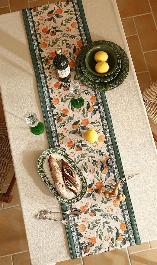 patdrea Designer Vintage Fresh Farmhouse Linen Table Runner 71 Inch Long, Green and Orange Pattern Table Mat, Decor for Kitchen Dining Table Coffee Table Shelf Cabinet Banquet Christmas ,12"*71"