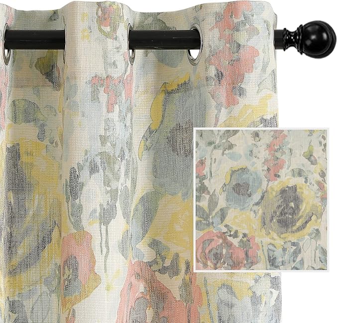 MYSKY HOME Flax Linen Curtains 63 Inches for Bedroom Linen Style Curtain Draperies for Living Room Vintage Floral Printed Pattern Drapes with Grommet, 2 Panel, 52 x 63 Inch, Yellow and Natural