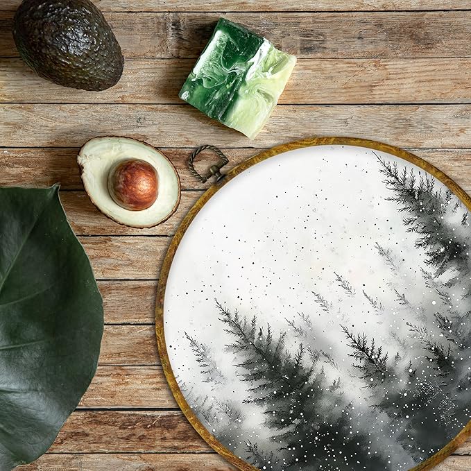 QZQE Pine Tree Winter Round Wall Art Decor Framed, Rustic Snowy Landscape Forest Circle Canvas Prints, Cozy Winter Farmhouse Christmas Wall Hanging Decor for Home Bedroom Living Room, 10x10 Inch