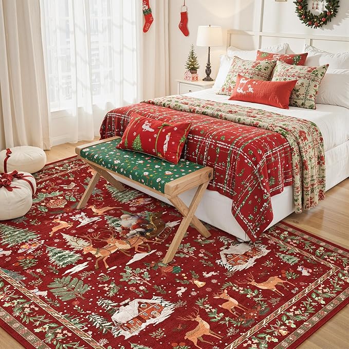 Lahome Christmas Area Rug, 5x7 Red Living Room Rugs, Christmas Tree Santa Claus Non Slip Soft Dining Room Rug, Washable Winter Indoor Carpet for Bedroom Entry Holiday Decor