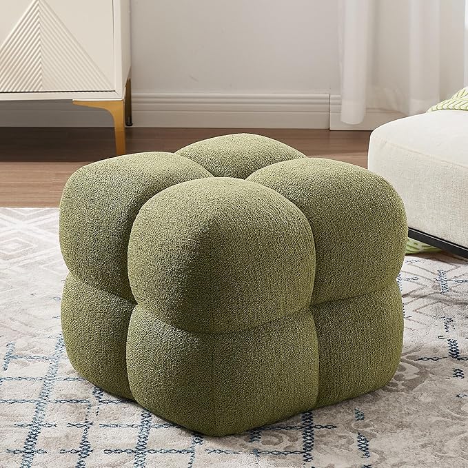 ONEVOG Olive Green Modern Ottoman, 21" Square Fuzzy Couch Sherpa Pouf Ottoman, Tufted Cute Boucle Fabric Foot Stools, Upholsered Footrest & Coffee Table & Vanity Chair for Living Room Bedroom, Dorm