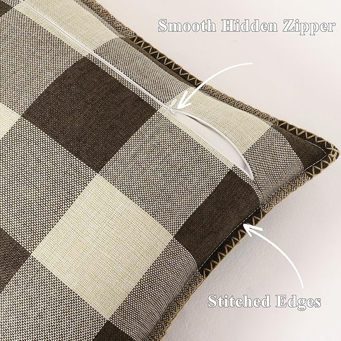 decorUhome Buffalo Plaid Check Throw Pillow Covers 18x18 Set of 2, Outdoor Linen Decorative Farmhouse Gingham Pillow Covers with Stitched Edge for Bed Couch Sofa, Brown and Beige