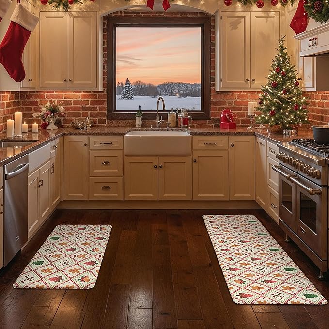 GENIMO Christmas Decorations - Kitchen Mats for Floor, 2PCS Christmas Kitchen Rugs, Cushioned Anti Fatigue Mat for Home Decor, Waterproof Non Slip Standing Mat for Laundry, 17.3"x59"+17.3"x30", Red