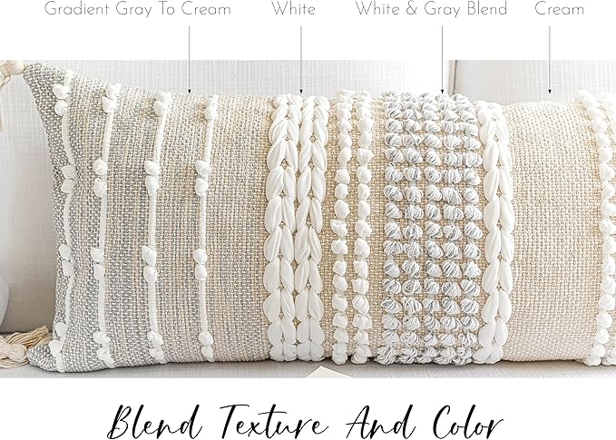 BlissBlush Gray Decorative Lumbar Pillow Cover 14x36, Boho Long Throw Pillow for Bed, Accent Lumbar Throw Pillow Case, Modern Farmhouse Textured Lumbar Cushion (Cover ONLY)