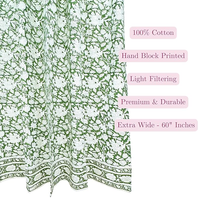 ATOSII 100% Cotton Single Panel Floral Block Print Curtain, Easy Hanging with Rod Pocket & Loop, Living Room, Dining Room, Bedroom Light Filtering Boho Curtains, Set of 1, 60" W X 84" L, Meraki Green