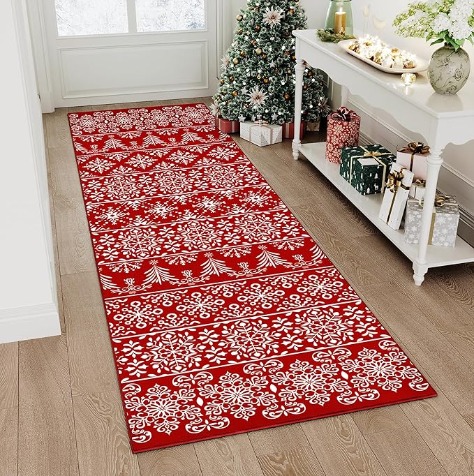 2x6 Runner Rug Red Christmas Hallway Carpet Xmas Holiday Decor Bedroom Carpet Snowflake Washable Non Slip Kitchen Mat Indoor Accent Rug Decorative Dining Room Laundry Room Living Room
