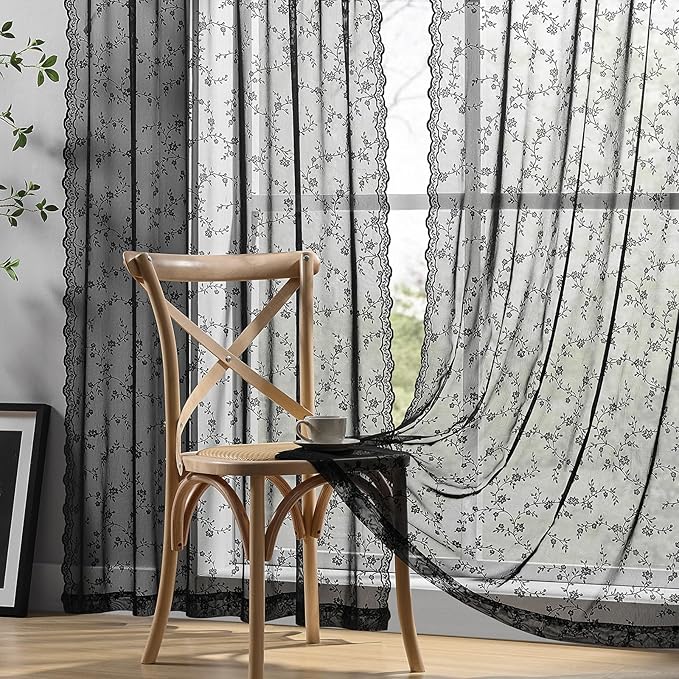 Black Lace Curtains 84 Inches Long, Vintage Floral Light Filtering Sheer Halloween Curtains for Living Room & Bedroom, Rod Pocket, 2 Panels Set, Branch Pattern (Black, 52" W x 84" L)