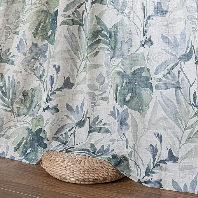 MYSKY HOME Linen Curtains 90 Inch Length Light Filtering Two Pages Pinch Pleated Curtains for Living Room Floral Printed Privacy Protect Drapes Set Natural Window Treatment 2 Panels,Sage and Natural