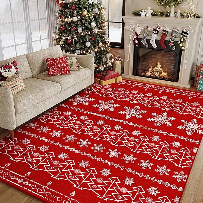 Christmas Area Rug 5x7 Red Washable Kitchen Carpet Xmas Snowflake Holiday Decor Indoor Throw Rug Decorative Living Room Non Slip Soft Low Pile Bedroom Dining Room Office Nursery Bathroom