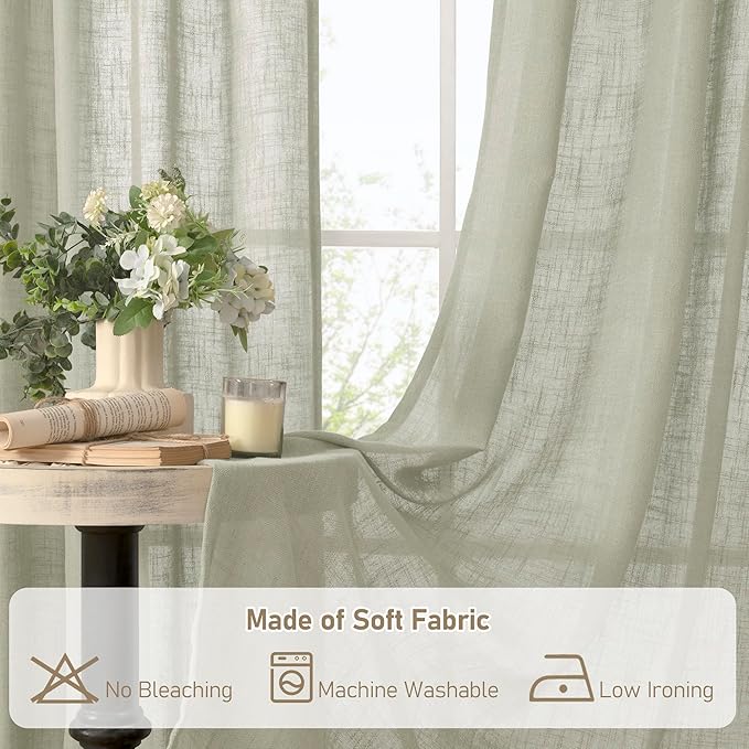 LAMIT Sage Grey Linen Curtains 24 Inch Length for Cafe, Semi Sheer Light Filtering Panels Back Tab and Rod Pocket Small Window Drapes for Basement, 2 Panels, 34 x 24 Inch