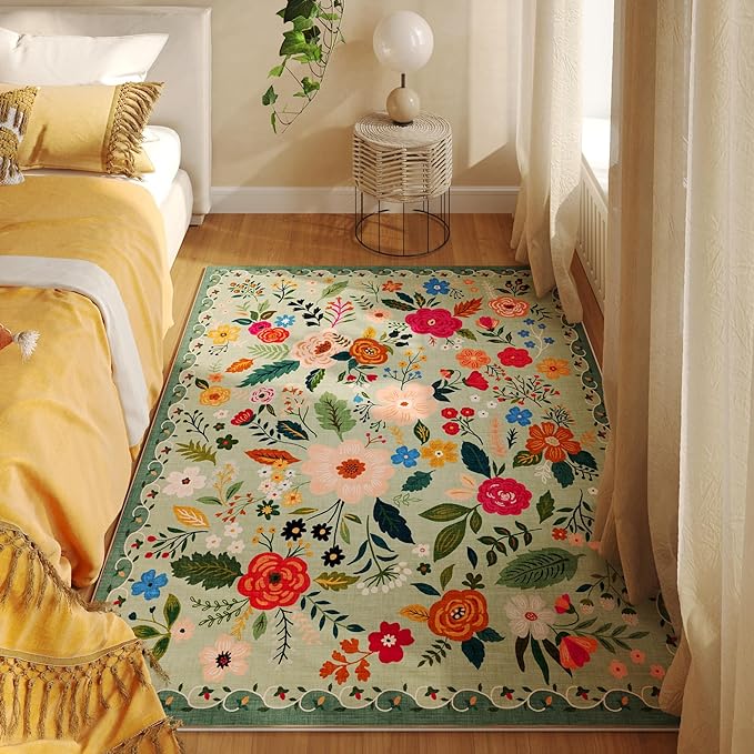 Rugcomf Area Rug 4x6 Rug Washable Boho Rugs Non Slip Low Pile Floral Small Carpet for Bedroom, Bedside, Kids Room, Office, Dining Room(Green)