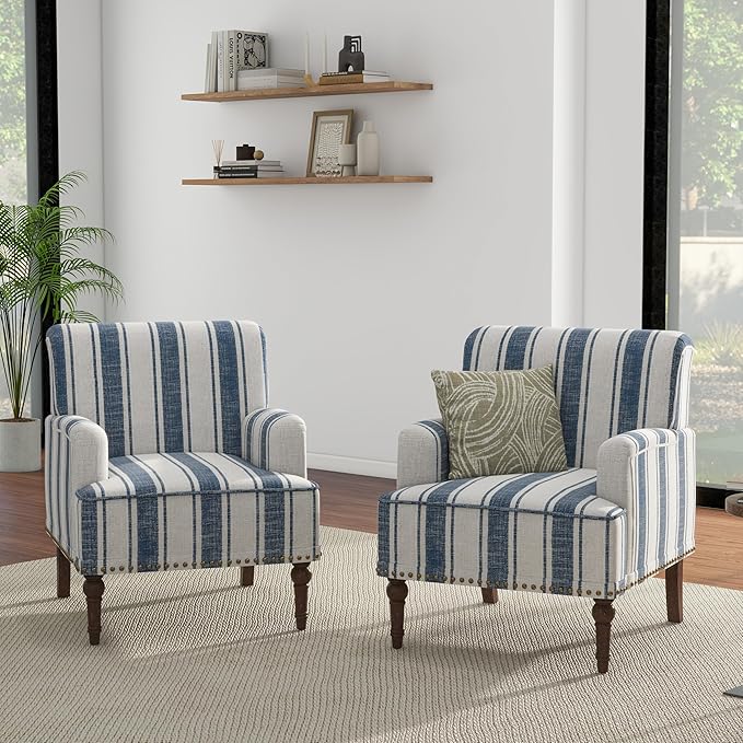 UIXE Stripe Accent Chairs Set of 2, Living Room Arm Chair Modern Nailhead Trim Club Armchair, Comfy Upholstered Sofa Lounge Seat Reading Seat Bedroom Side Seating for Home Office, Dark Blue