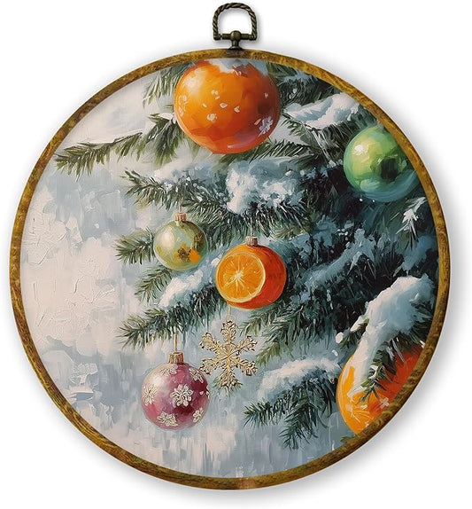 QZQE Christmas Orange Ornaments Bauble Ball Round Wall Art Decor Framed, Christmas Circle Canvas Prints, Rustic Snowy Xmas Tree Circular Wall Hanging Decor for Home Bedroom Living Room, 10x10 Inch