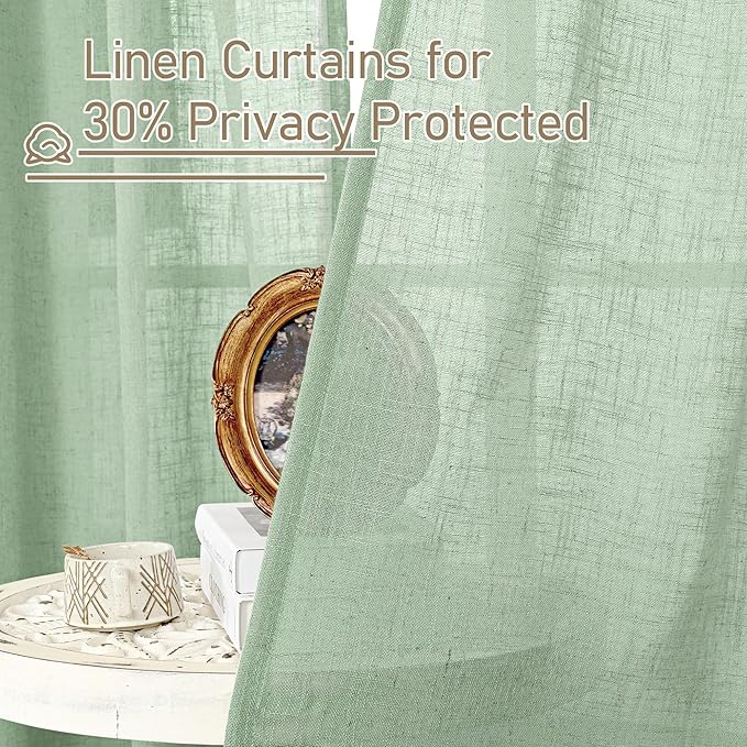 LAMIT Linen Curtains for Living Room, 84 inch Length, Light Filtering Semi Sheer Panels, Back Tab and Rod Pocket, Fresh Green, 52 x 84 Inch