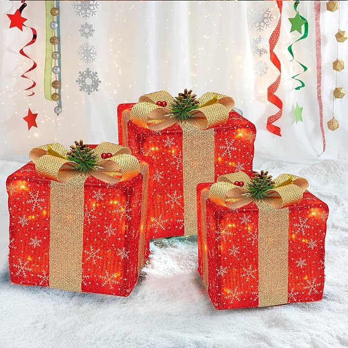 FUNPENY Set of 3 Christmas Lighted Gift Boxes, 50 LED Christmas Box Decorations, Presents Boxes (Christmas Red)