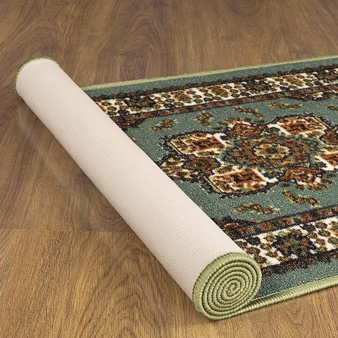 Antep Rugs Alfombras Oriental Traditional 2x10 Non-Skid (Non-Slip) Low Profile Pile Rubber Backing Indoor Area Runner Rugs (Green, 2' x 10')