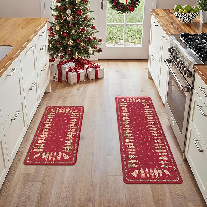 GENIMO Christmas Decorations - Kitchen Mats for Floor, 2PCS Christmas Kitchen Rugs, Cushioned Anti Fatigue Mat for Home Decor, Waterproof Non Slip Standing Mat for Laundry, 17.3"x47"+17.3"x30", Red