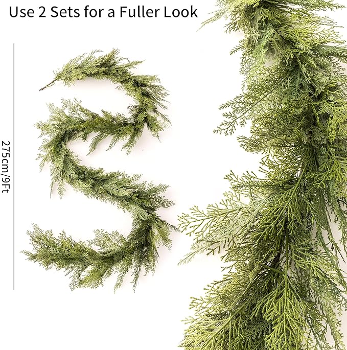 9ft Handmade Christmas Garland,Artificial Cypress Cedar Pine Greenery Seasonal Garland for Christmas Fireplace Winter Holiday Indoor Outdoor Decoration