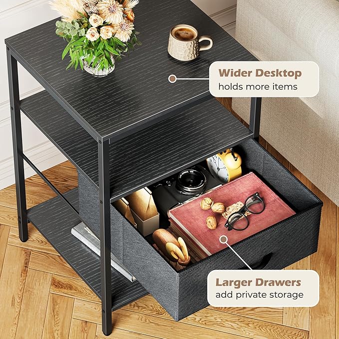 SUPERJARE Night Stand with Charger Station, 27.7 Inch Tall Nightstand with Adjustable Fabric Drawer, Bed Side Table, Fabric Drawer Dresser for Bedroom, Living Room, Black