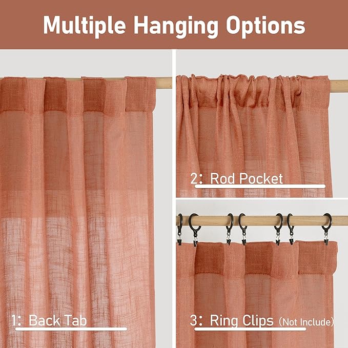 LAMIT Terracotta Linen Curtains for Small Windows 45 inch, Light Filtering Panels Back Tab and Rod Pocket Fall Decor Drapes for Cafe/Bathroom/Loft Room, 2 Panels, 34 x 45 Inch