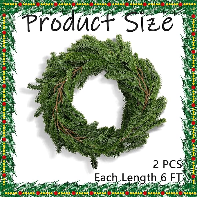 2 Pcs Dense Christmas Norfolk Pine Garland, 6 Ft Single Fork Norfolk Pine Realistic Touch Garland Ornament, Artificial Pines Greenery Garlands for Christmas Holiday Mantle Fireplace Table Home Decor