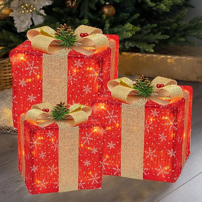 FUNPENY Set of 3 Christmas Lighted Gift Boxes, 50 LED Christmas Box Decorations, Presents Boxes (Christmas Red)