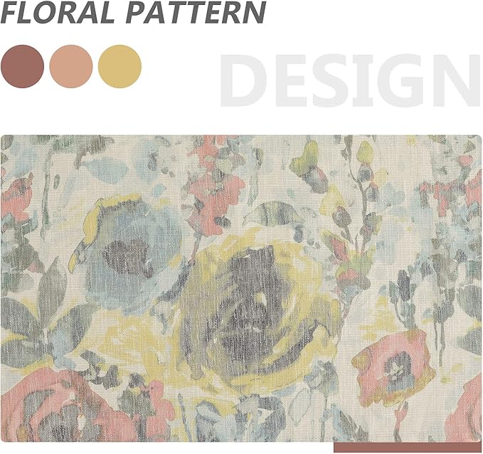 MYSKY HOME Flax Linen Curtains 63 Inches for Bedroom Linen Style Curtain Draperies for Living Room Vintage Floral Printed Pattern Drapes with Grommet, 2 Panel, 52 x 63 Inch, Yellow and Natural