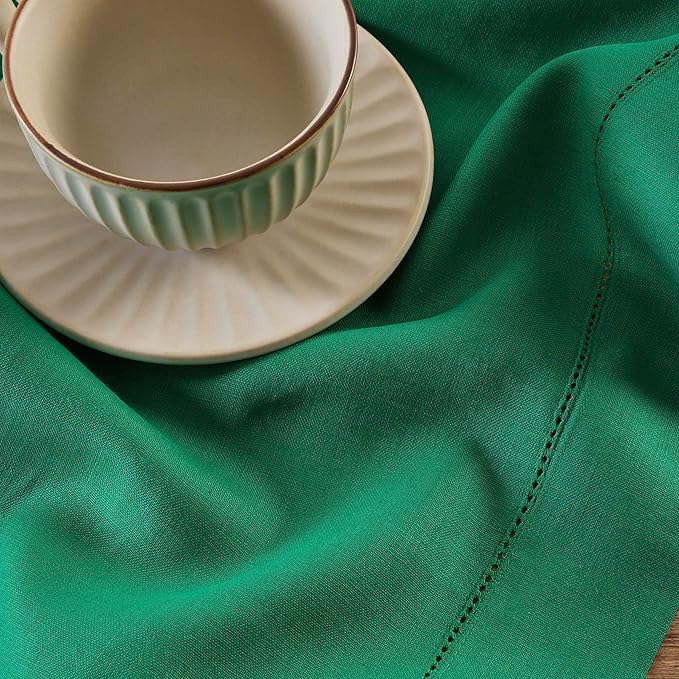 Solino Home Linen Hemstitch Table Runner 120 Inches Long - 100% Pure Linen Emerald Green Table Runner 14 x 120 Inch for Christmas - Classic Hemstitch