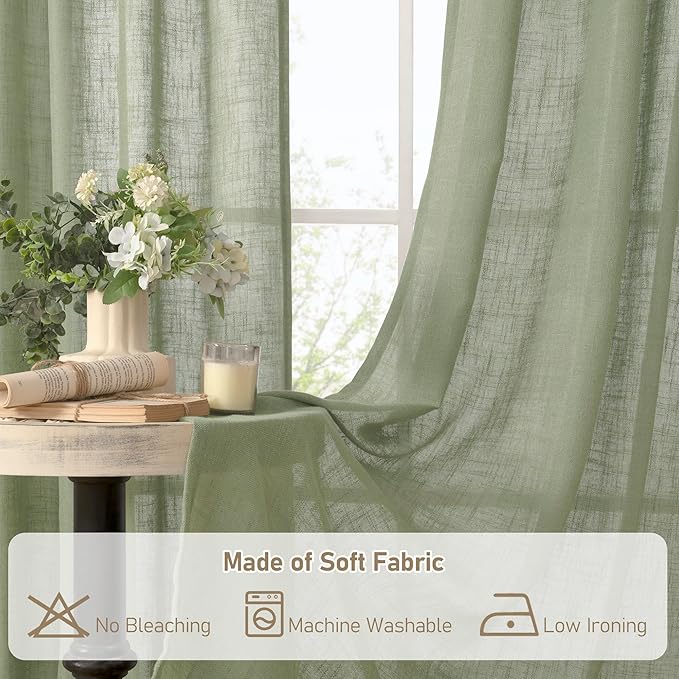 LAMIT Sage Green Linen Curtains for Living Room, 78 inch Length, Light Filtering Semi Sheer Panels with Back Tab and Rod Pocket, Christmas Panels for Bedroom/Sliding Glass Door, 52 x 78 Inch