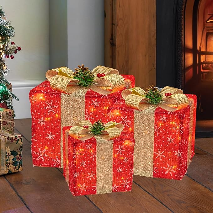 FUNPENY Set of 3 Christmas Lighted Gift Boxes, 50 LED Christmas Box Decorations, Presents Boxes (Christmas Red)