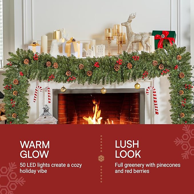 Joiedomi 9 FT Artificial Christmas Garland Prelit with 50 Count Warm White String Lights, Pine Cones and Red Berries for Christmas Holiday Xmas Season Decorations, Plug in Lighted Pine Garland