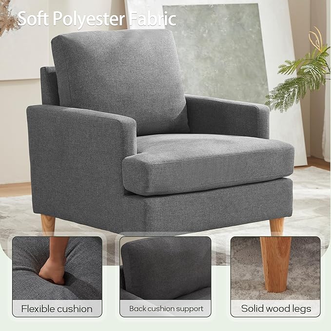 VKNOW Mid-Century Accent Chairs Set fo 2, Modern Upholstered Armchair for Living Room,Comfy Reading Accent Chairs with Wood Legs for Bedroom, Dark Grey Polyester
